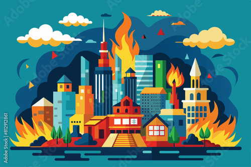 A city is ablaze in the darkness of the night, with flames illuminating the skyline, City on fire Customizable Disproportionate Illustration
