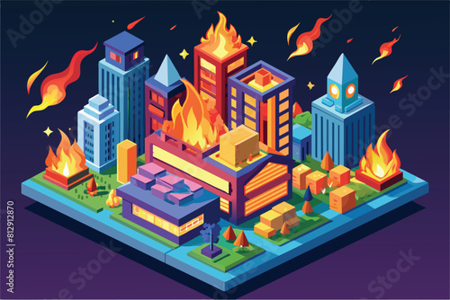 Illustration of a city ablaze with buildings on fire, billowing smoke, and emergency vehicles responding, City on fire Customizable Isometric Illustration