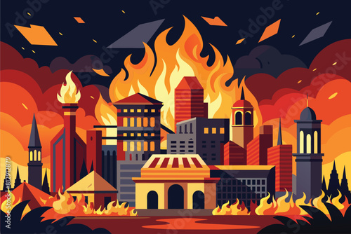 The city is ablaze with fire, engulfing buildings and creating chaos, City on fire Customizable Semi Flat Illustration