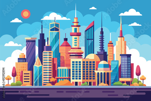 Urban cityscape with towering buildings against a backdrop of fluffy clouds in the sky, City skyline Customizable Flat Illustration