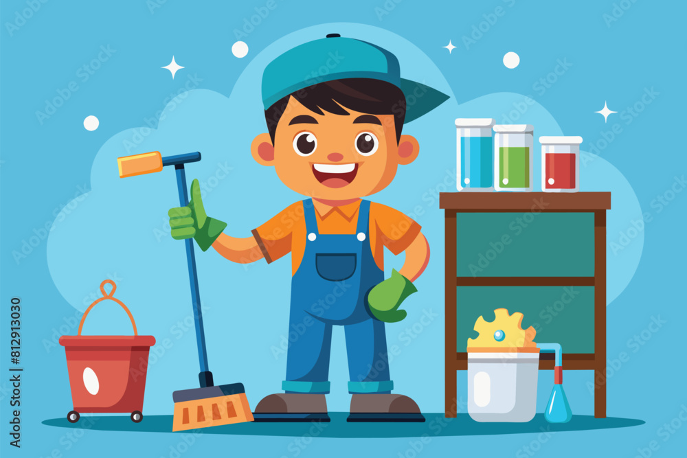 A man is cleaning with a broom and a mop, Cleaning service Customizable Cartoon Illustration A man is cleaning with a broom and a mop, Cleaning service Customizable Cartoon Illustration