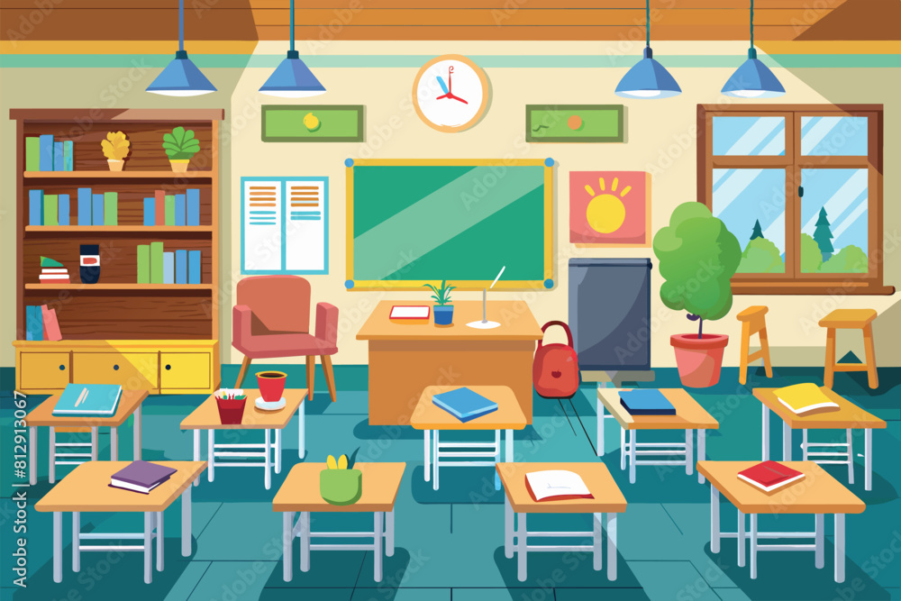 A typical classroom with desks, chairs, books, and a clock, Classroom Customizable Semi Flat Illustration A typical classroom with desks, chairs, books, and a clock, Classroom Customizable Semi Flat Illustration