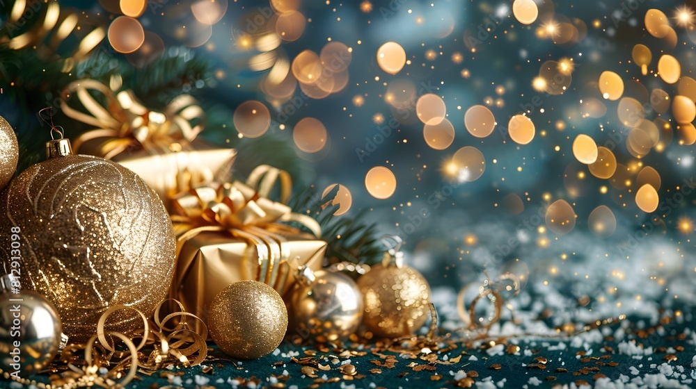 Happy New Year 2025 Festive Background with Golden Glitter Ornaments and Baubles Happy New Year 2025 Festive Background with Golden Glitter Ornaments and Baubles