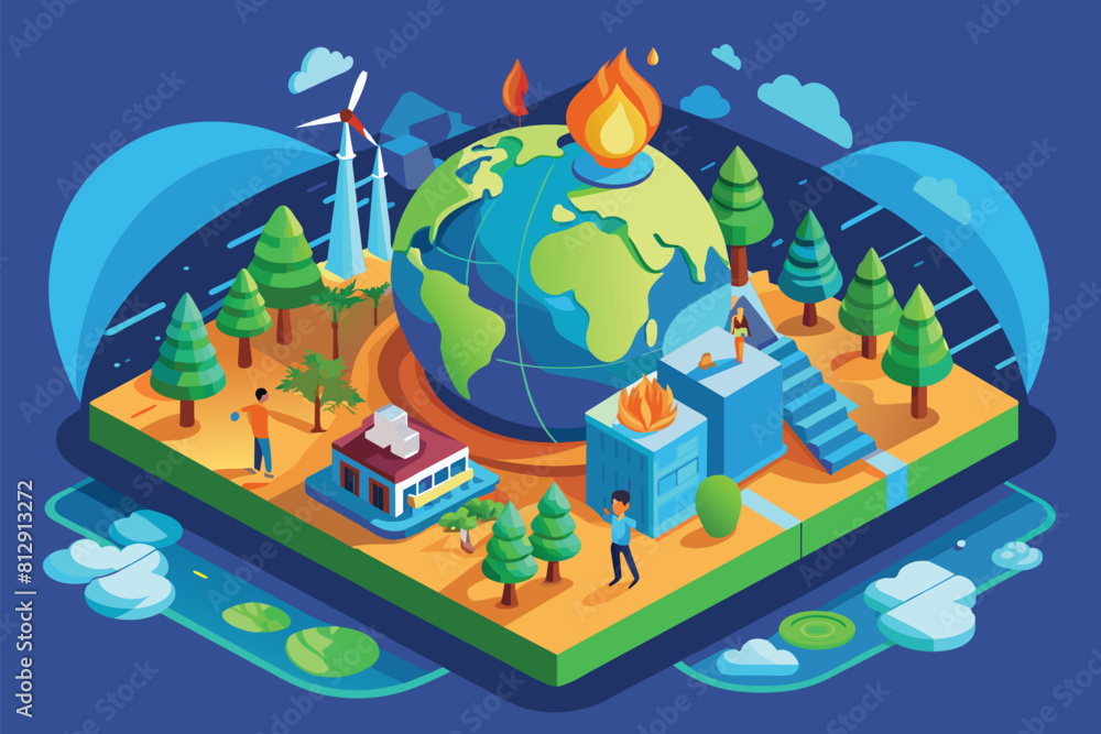 A flat 3D illustration showing a globe surrounded by green trees, Climate change Customizable Isometric Illustration A flat 3D illustration showing a globe surrounded by green trees, Climate change Customizable Isometric Illustration