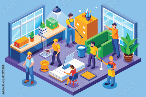 Several individuals working together to clean a room, wiping surfaces and organizing items, Cleaning service Customizable Isometric Illustration