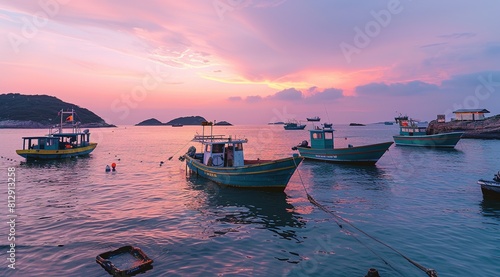 Sunset over the sea with fishing boats.