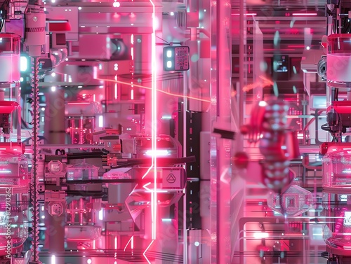 Design a digital art piece featuring a dystopian laboratory filled with advanced robotic prototypes photo