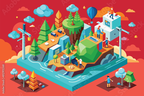 Group of individuals standing on a tiny island surrounded by water, Climate change Customizable Isometric Illustration