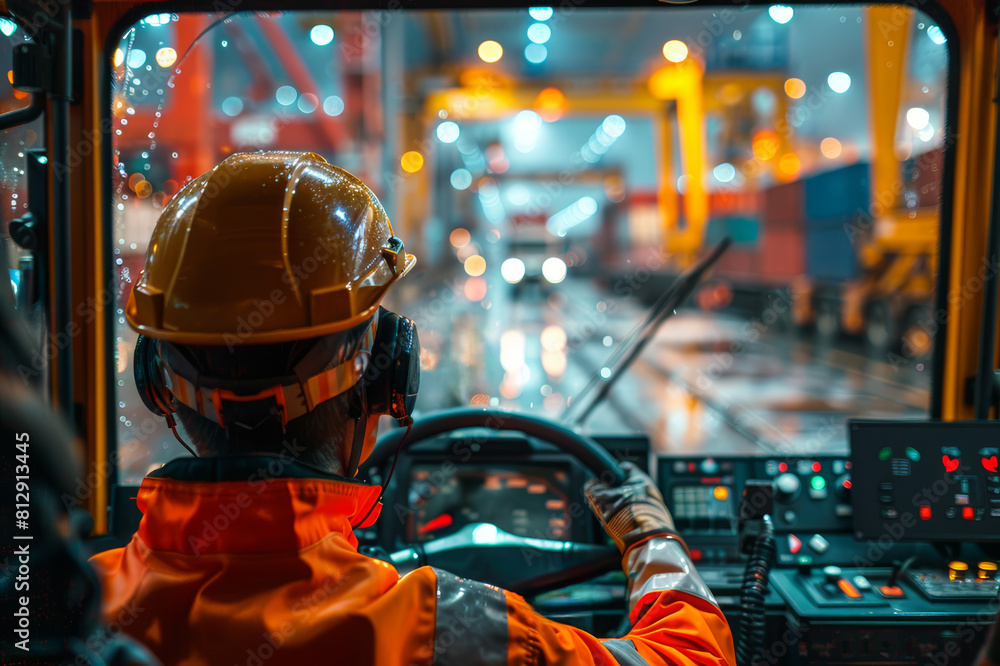 Close-up of a crane operator cabin showing the intense focus needed to maneuver containers at a busy port. AI generated. Close-up of a crane operator cabin showing the intense focus needed to maneuver containers at a busy port. AI generated.