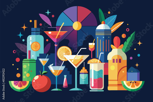 Various beverages, including alcoholic cocktails, mocktails, and soft drinks, displayed on a dark background, Cocktail party Customizable Disproportionate Illustration