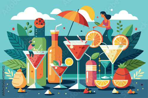 Various types of drinks arranged on a table at a cocktail party, Cocktail party Customizable Disproportionate Illustration
