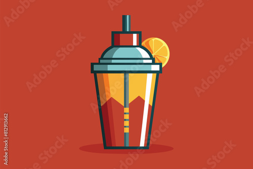 A glass containing a drink with a lemon slice on top, ready to be enjoyed, Cocktail shaker Customizable Semi Flat Illustration