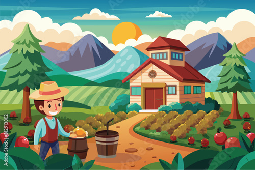 A man standing in front of a farm, holding a bucket filled with fresh apples, Coffee farm Customizable Cartoon Illustration