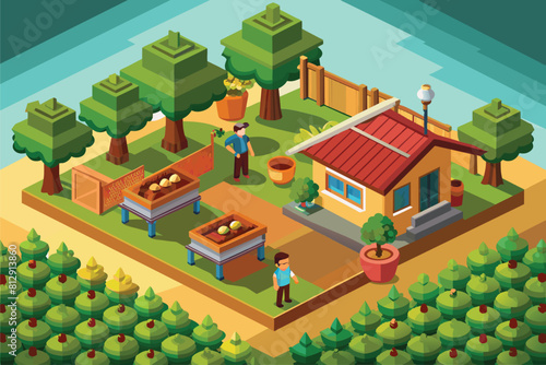 A man is standing in front of a small house, Coffee farm Customizable Isometric Illustration