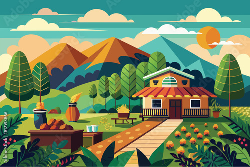 A painting of a house surrounded by towering mountains and lush greenery  Coffee farm Customizable Semi Flat Illustration