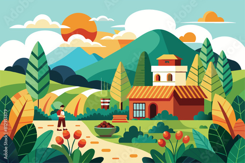 A painting of a person standing in front of a house, depicting a human figure and residential building, Coffee farm Customizable Semi Flat Illustration