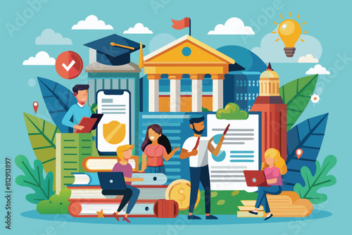 Diverse group of individuals, including students and parents, standing together in front of a college building, College admission Customizable Cartoon Illustration