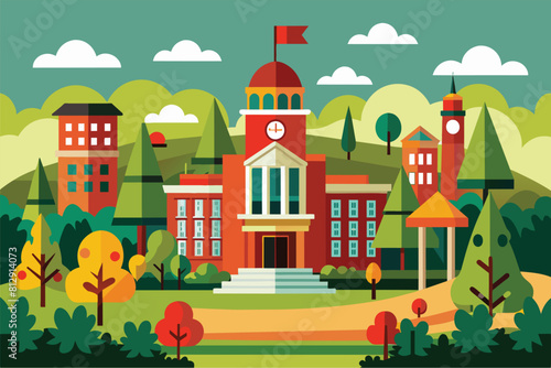A red building on a college campus with a flag flying on top, College campus Customizable Cartoon Illustration