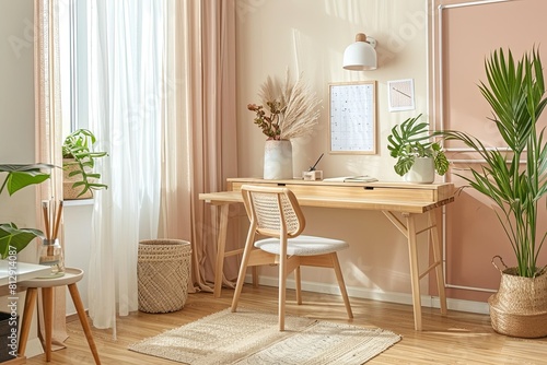 Relaxing Home Office with Empty Poster and Wooden Desk,Feminine Workspace with Pastel Tones and Empty Poster