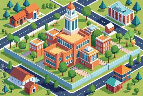 A large building with a tower on top in a college campus setting  showcasing architectural design  College campus Customizable Isometric Illustration