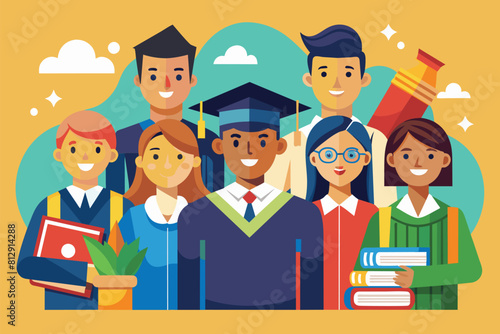 A group of college students standing next to each other, showcasing unity and camaraderie, College students Customizable Flat Illustration