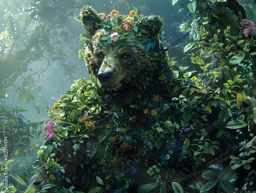 Majestic Ursine Human Hybrid Standing Amidst Vibrant Primordial Wilderness in Romantic Realism Inspired Documentary Photography photo