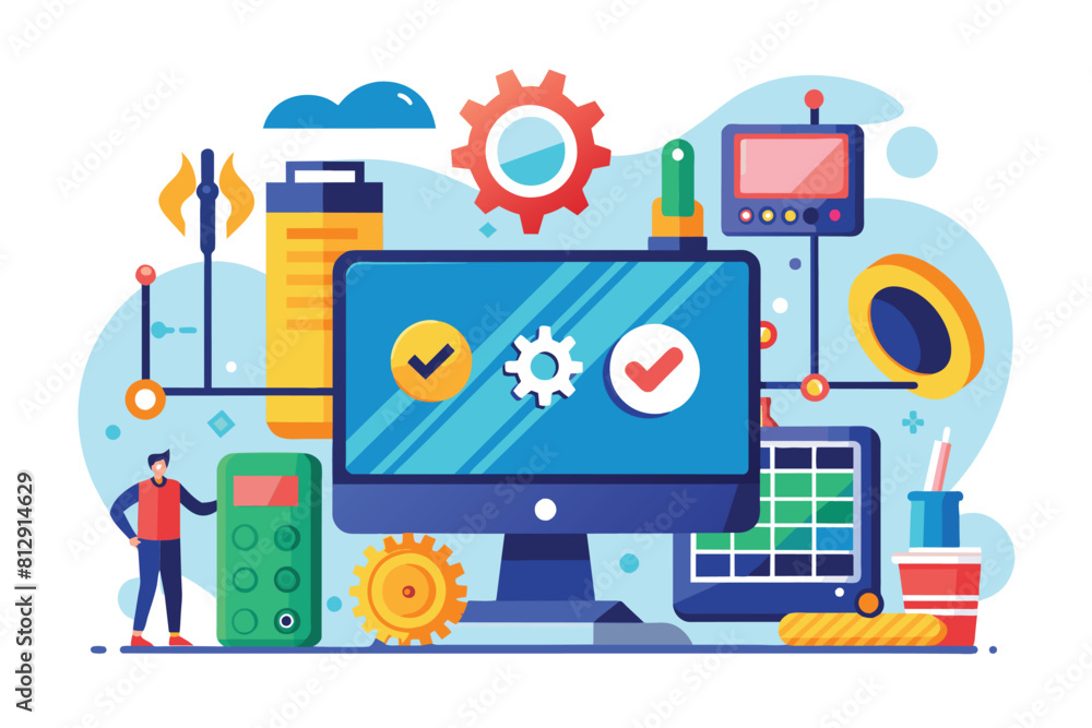 A man is standing in front of a computer screen, engaged in troubleshooting and customization tasks, Computer troubleshooting Customizable Semi Flat Illustration A man is standing in front of a computer screen, engaged in troubleshooting and customization tasks, Computer troubleshooting Customizable Semi Flat Illustration