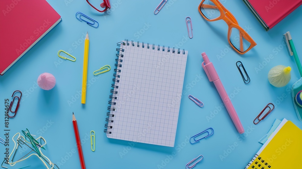 Back to school concept Flat lay style composition with stationery and notepad on blue background Top view overhead : Generative AI Back to school concept Flat lay style composition with stationery and notepad on blue background Top view overhead : Generative AI