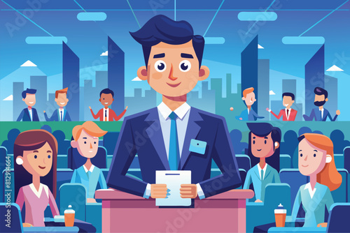 A man standing at a podium addresses a crowd of people at a conference event, Conference Customizable Cartoon Illustration