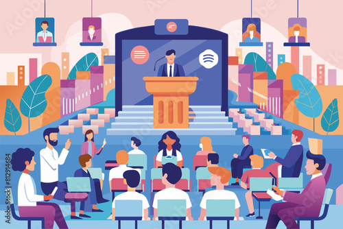 A group of individuals seated in front of a speakers podium in a conference setting, Conference Customizable Disproportionate Illustration