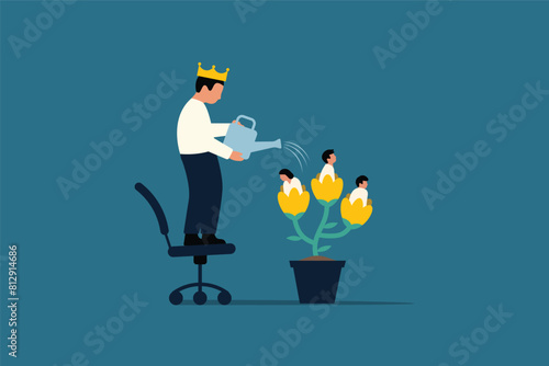 Organizational Growth. Servant leadership, Human Resources Management for Career Growth.  Manager Watering Growing Tree with Employees.