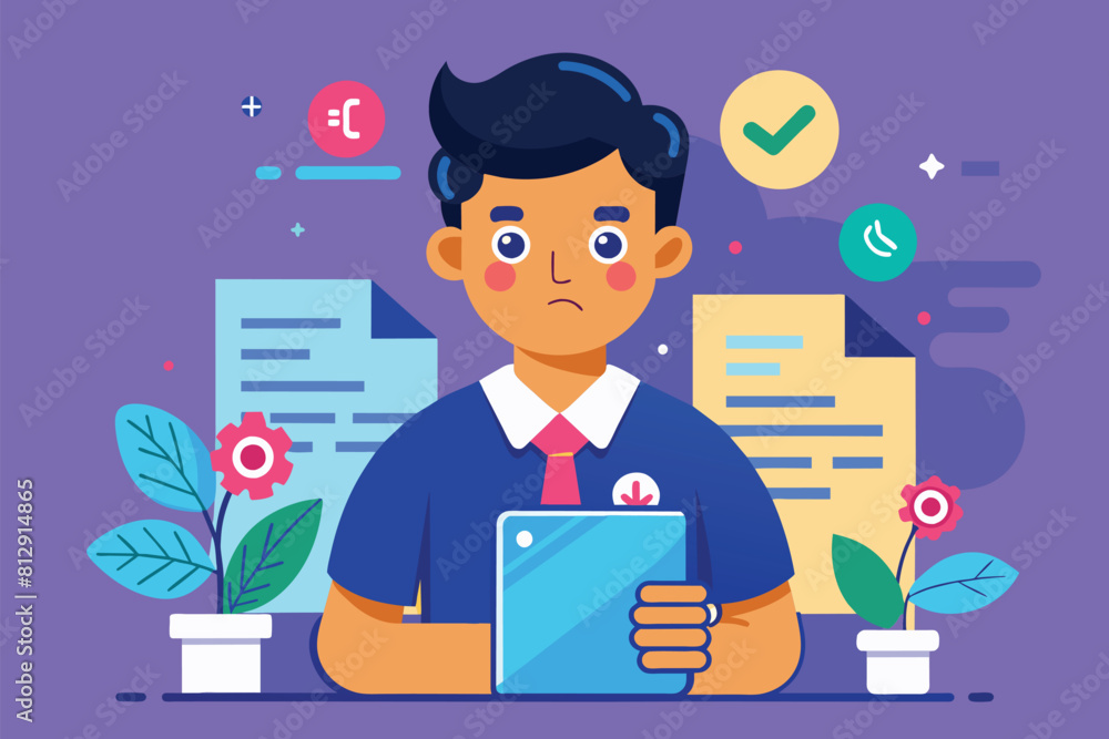 A man is sitting at a table, using a tablet device, Consent Customizable Cartoon Illustration A man is sitting at a table, using a tablet device, Consent Customizable Cartoon Illustration