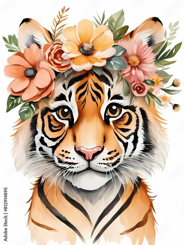 Obraz premium Baby Tiger Flower Crown Bowties Woodland Animal Nursery Decor, Generative AI Illustration 