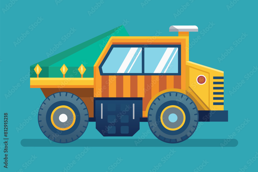 A yellow dump truck with a green roof parked on a construction site, Construction truck Customizable Flat Illustration A yellow dump truck with a green roof parked on a construction site, Construction truck Customizable Flat Illustration