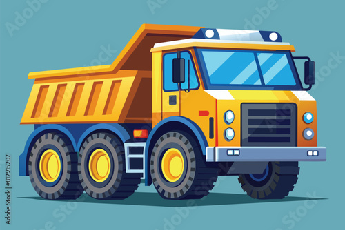 A yellow dump truck stands out against a blue background, Construction truck Customizable Disproportionate Illustration