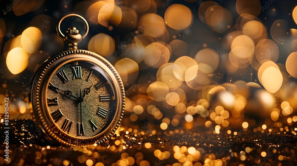 Elegant Countdown to Midnight Luxurious New Year 2025 Background with Vintage Golden Clock and Gleaming Amber Lights