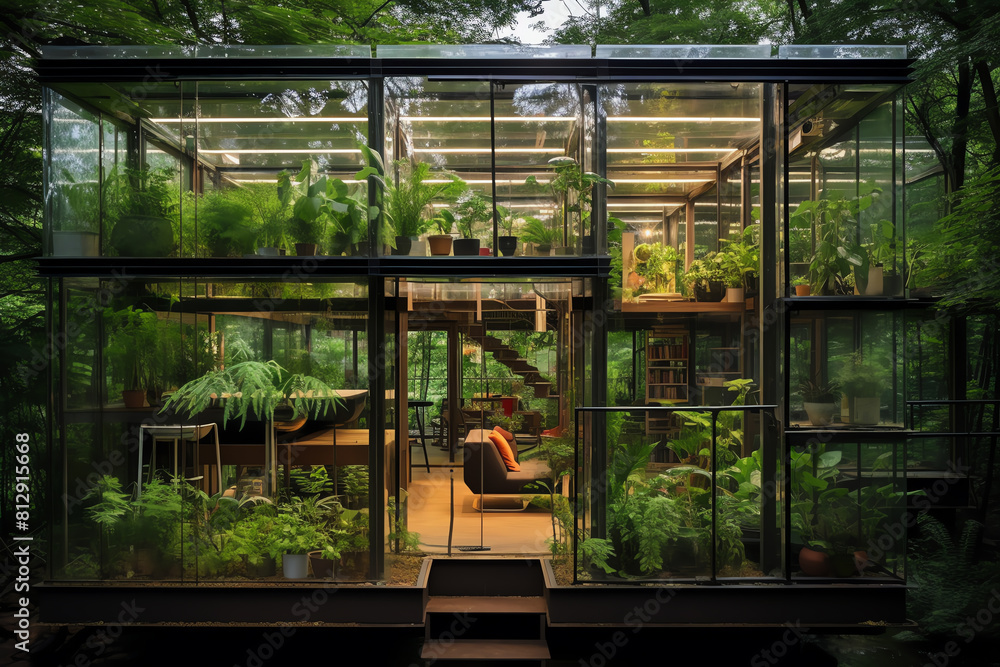A glass house with a section specifically for coriander, showcasing vibrant green leaves and a wellmaintained environment