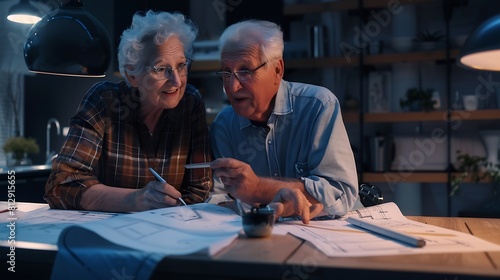 Senior married couple is actively discussing repairs in a new apartment or house while measuring the dimensions in the blueprints and sitting at the table and making notes : Generative AI photo