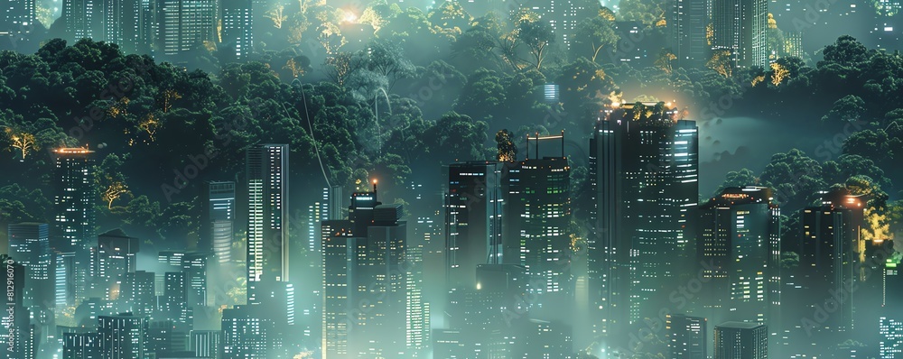 Capture a futuristic cityscape with sleek, holographic tech interfaces against a lush, overgrown jungle backdrop using a tilted birds eye view