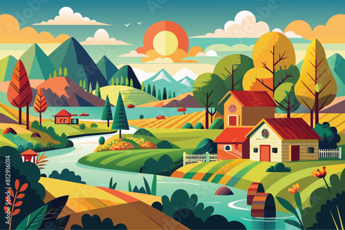 A painting featuring a rural landscape with a river flowing through it, Country side Customizable Disproportionate Illustration