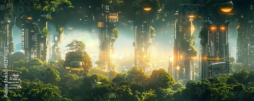 Capture a futuristic cityscape with sleek  holographic tech interfaces against a lush  overgrown jungle backdrop using a tilted birds eye view