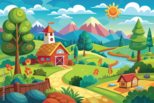 A customizable cartoon illustration depicting a rural landscape with a house in the countryside  Country side Customizable Cartoon Illustration