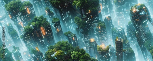 Capture a futuristic cityscape with sleek, holographic tech interfaces against a lush, overgrown jungle backdrop using a tilted birds eye view photo