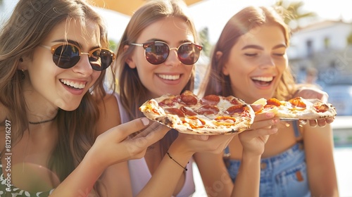 Three beautiful women eating pizza outdoors The happy girls enjoy the weekend summer vacation together : Generative AI