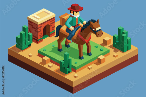 Cowboy riding a horse across a lush green field, Cowboy on horse Customizable Isometric Illustration