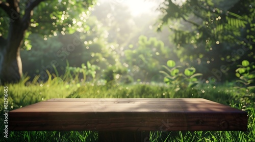 Tree Table wood Podium in farm display for food perfume and other products on nature background Table in a farm with grass trees and Sunlight in the morning : Generative AI