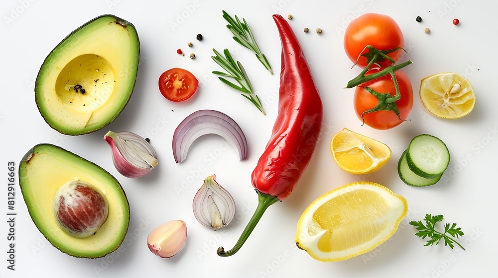 Creative layout made of avocado onion tomatoes pepper and lemon Flat lay Food concept Vegetables isolated on white background : Generative AI Creative layout made of avocado onion tomatoes pepper and lemon Flat lay Food concept Vegetables isolated on white background : Generative AI
