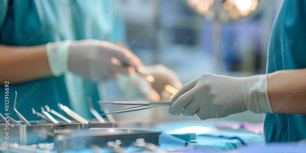 backdrop of a clinical setting, focus on surgeon's hands, carefully selecting stainless tweezers. The precision and expertise of healthcare professions, with the clinic background backdrop of a clinical setting, focus on surgeon's hands, carefully selecting stainless tweezers. The precision and expertise of healthcare professions, with the clinic background