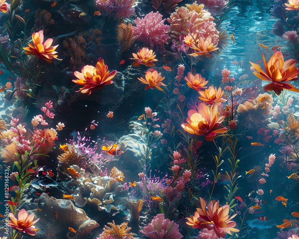 Capture the essence of submerged beauty through unconventional viewpoints Utilize unexpected camera angles to reveal a surreal underwater world teeming with fantastical creatures a