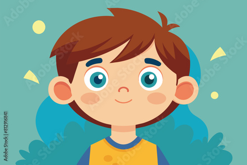 A young boy with blue eyes wearing a yellow shirt, Curiosity child Customizable Flat Illustration